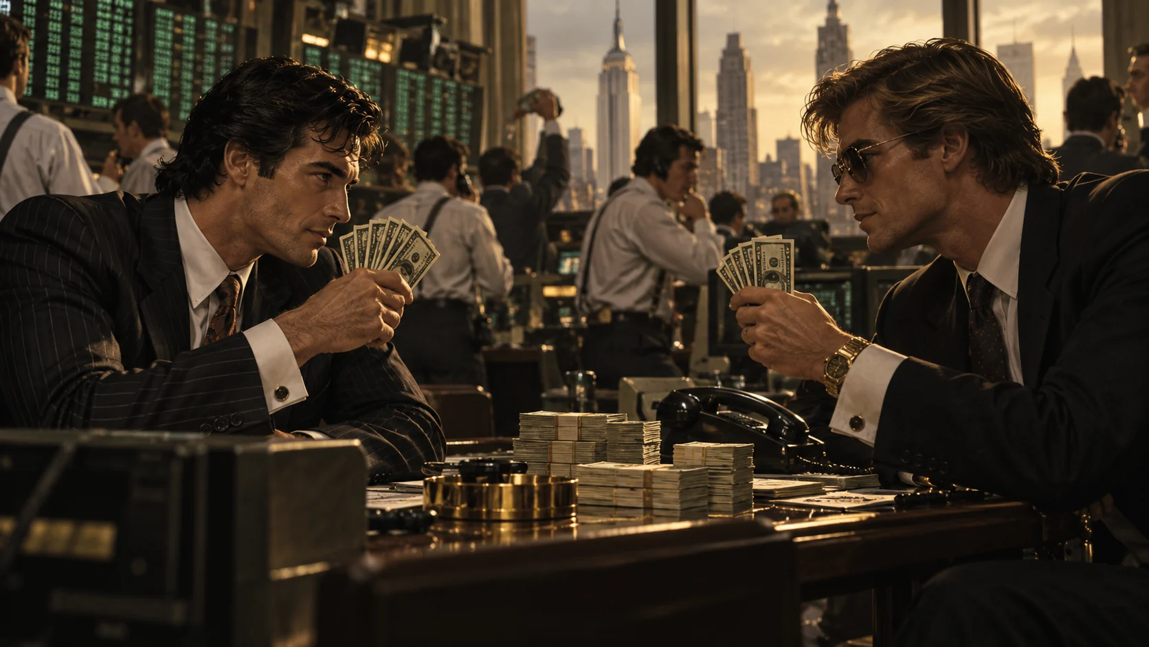Two traders compare banknotes face to face on a trading floor