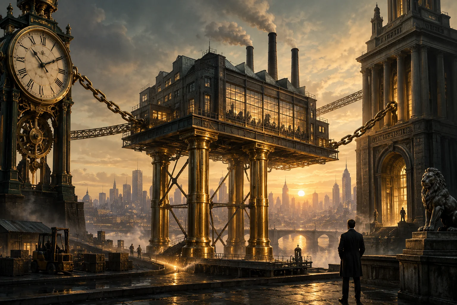 A factory stands on financing supports linked to a lender and clock