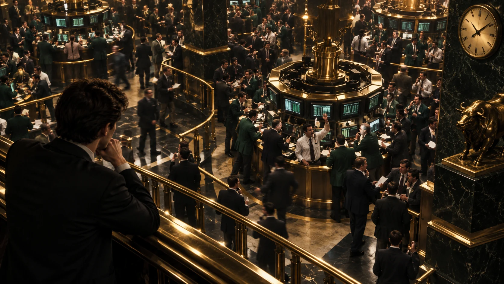 Teams work along brass rails on a busy trading floor