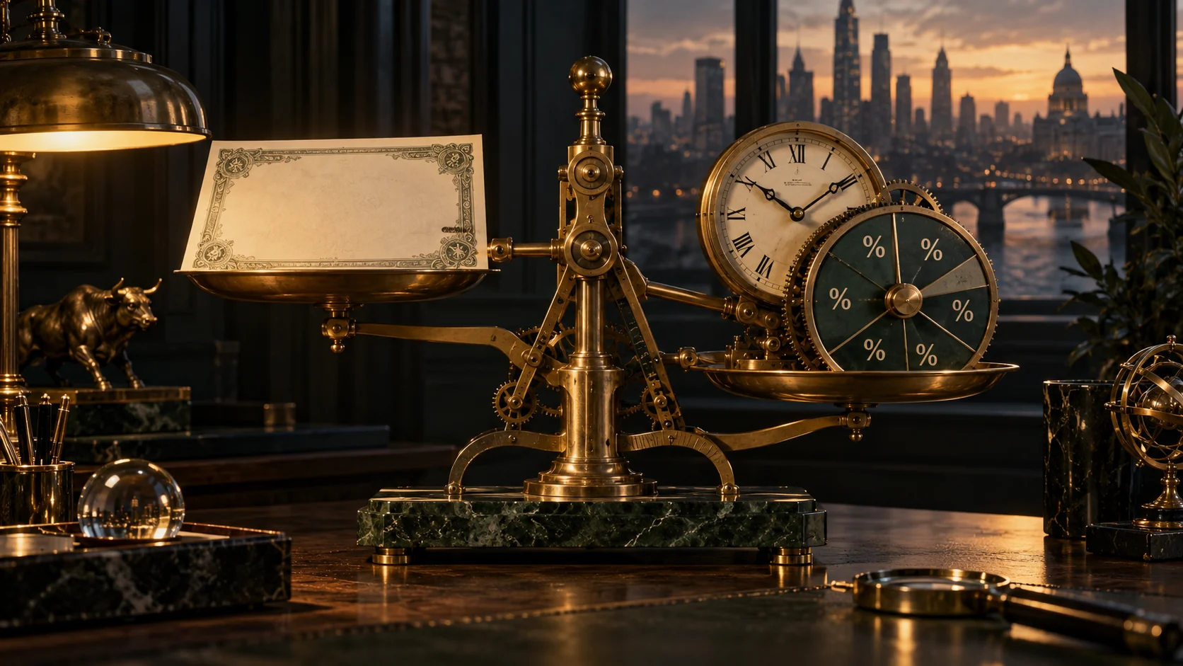 A mechanical balance connects a bond, a clock and a discount wheel