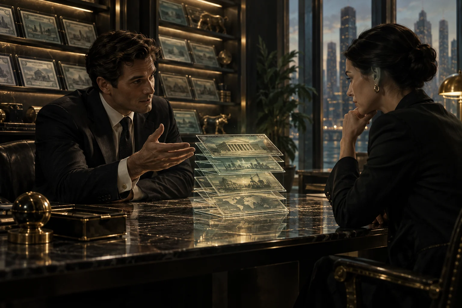 A buyer and salesperson discuss securities beside inventory shelves