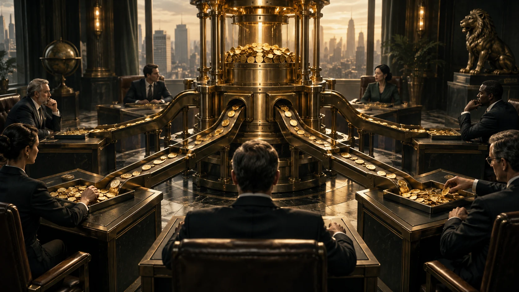 A brass machine distributes coins to different corporate desks