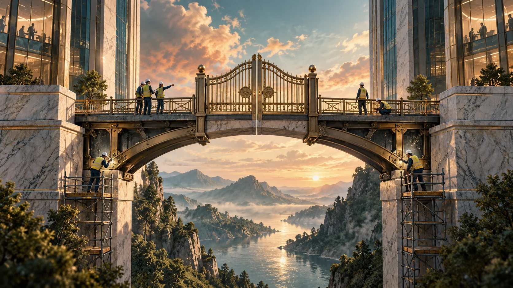 Engineers inspect a gated bridge between corporate towers