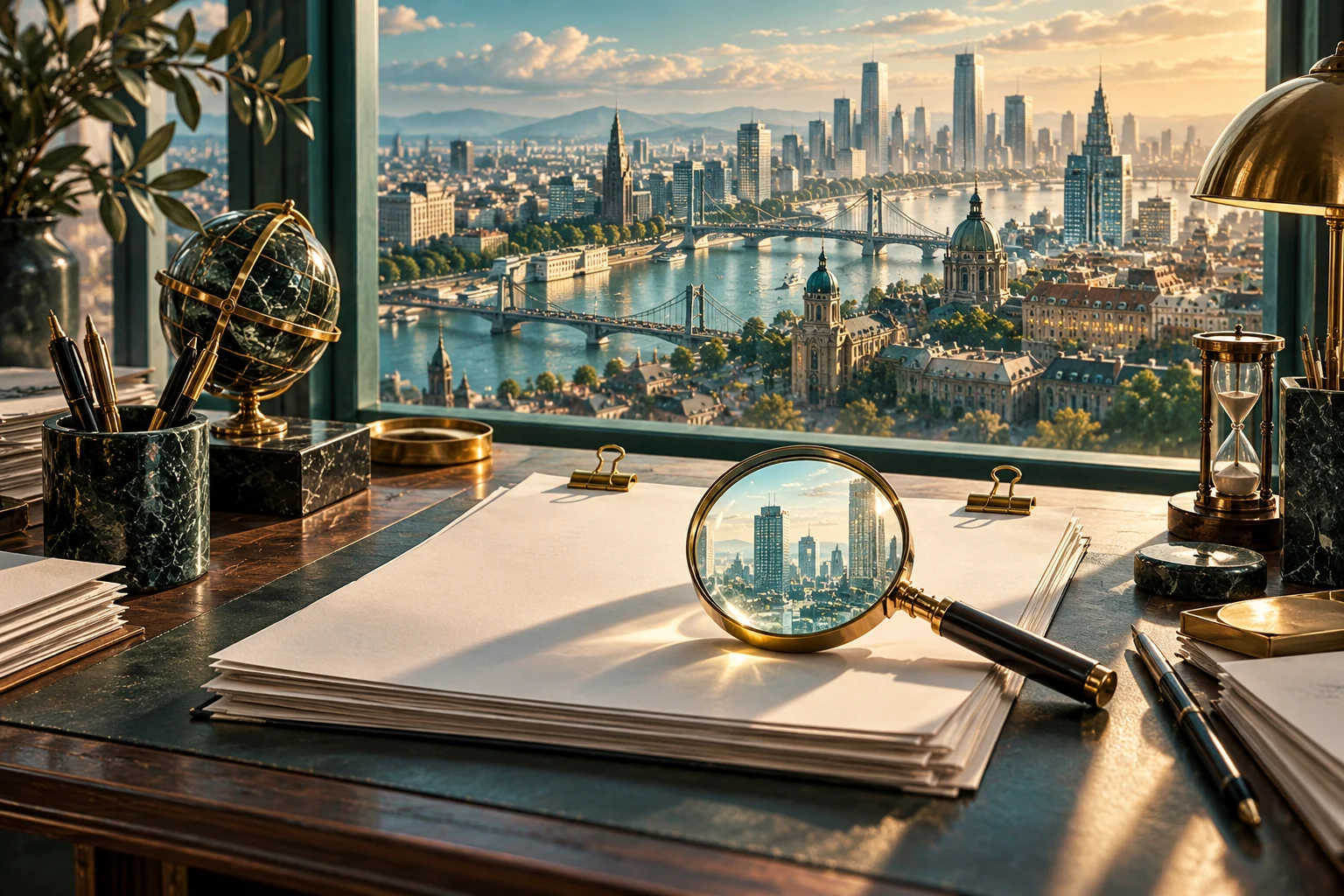 A magnifying glass and research files overlook a complex city