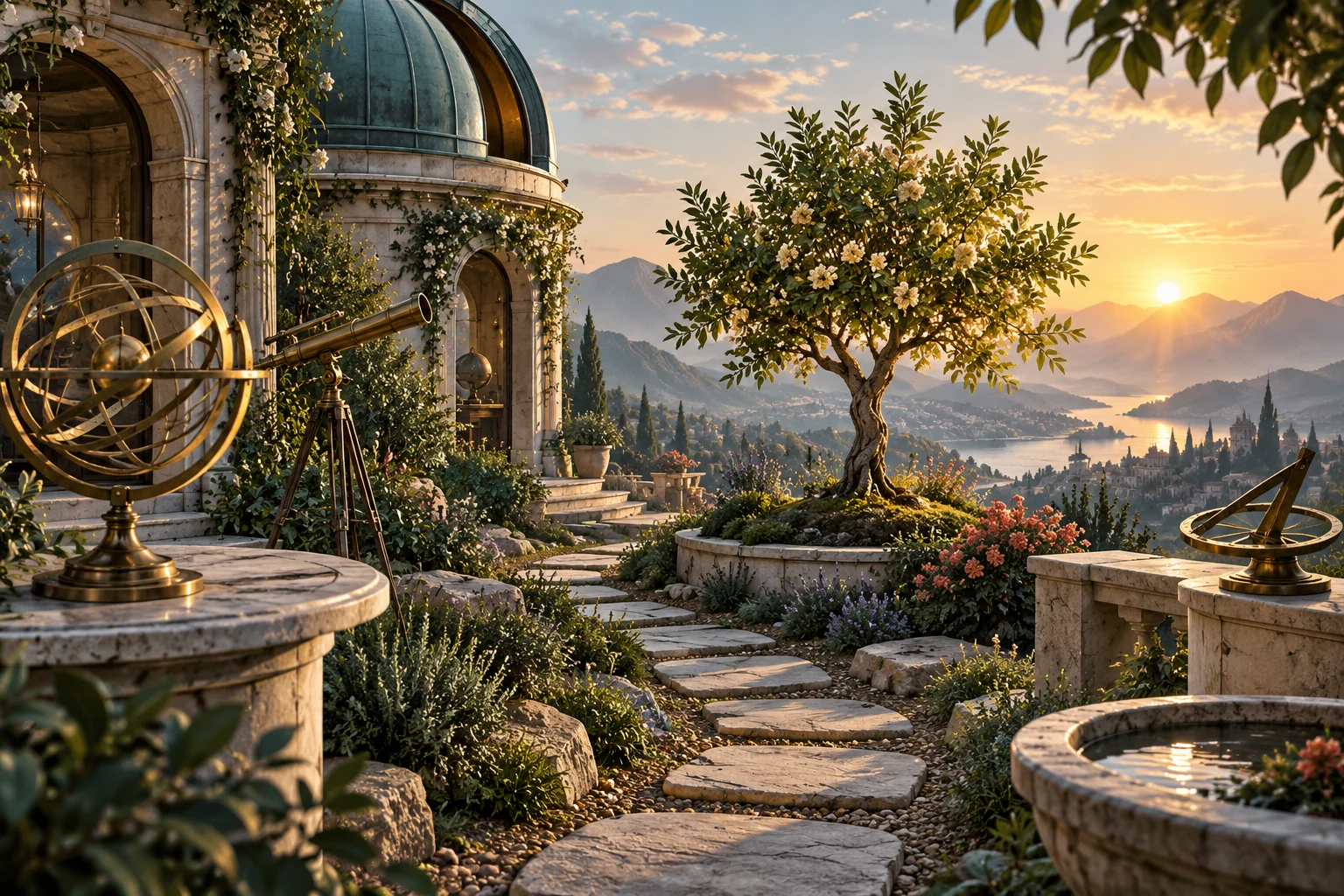 A garden path leads through an observatory at sunrise